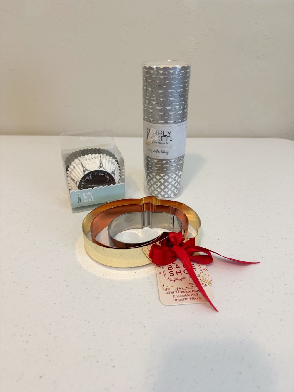 NWT Baking Set- Paris Cupcake Liners, Silver Baking Cups, 3-Pk Cookie Cutters